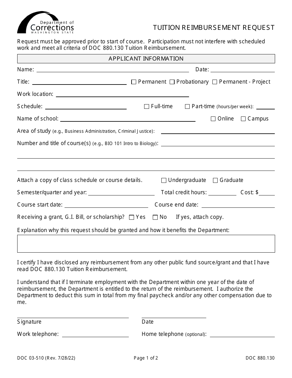 Form DOC03-510 Tuition Reimbursement Request - Washington, Page 1