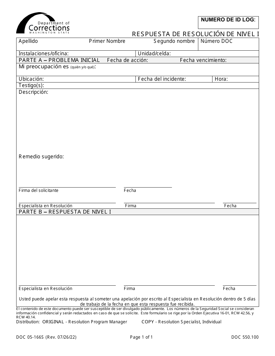 Formulario DOC05-166S Respuesta De Resolucion De Nivel I - Washington (Spanish), Page 1