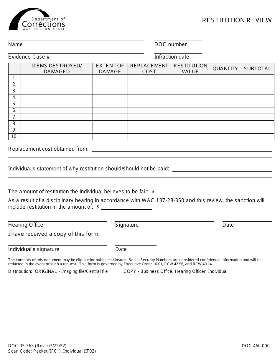 Form DOC05-363 Restitution Review - Washington, Page 1