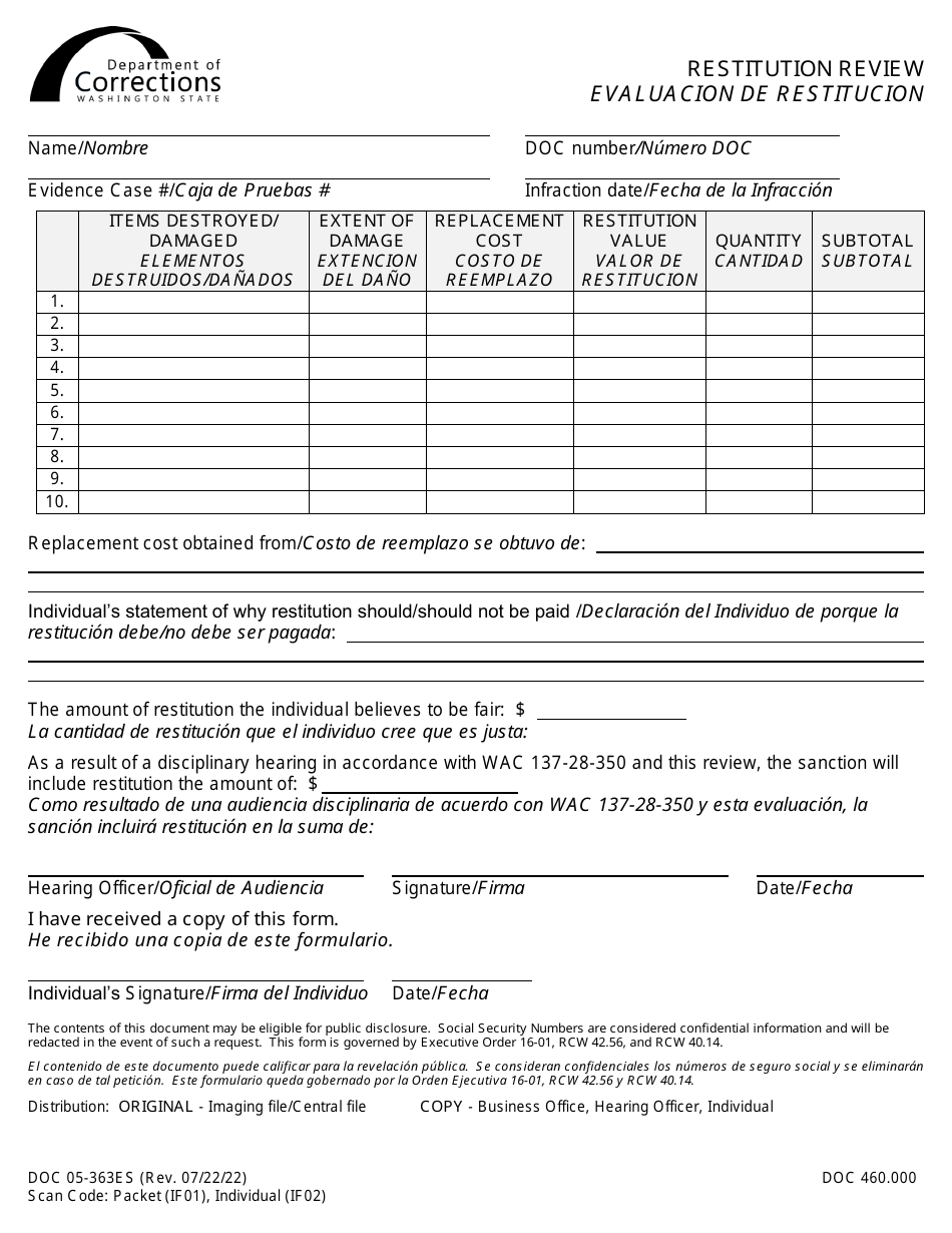 Form DOC05-363ES Restitution Review - Washington (English / Spanish), Page 1