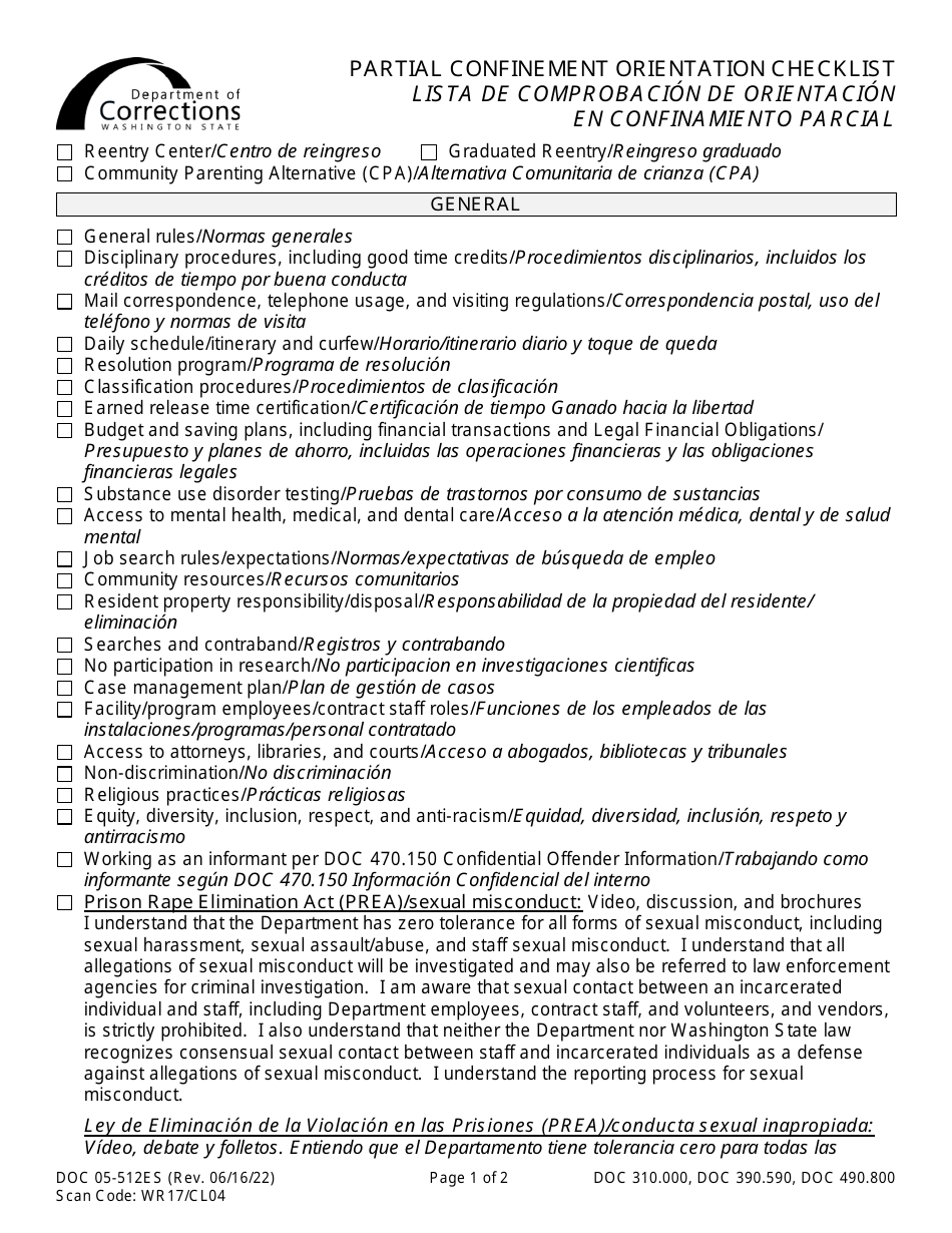 Form DOC05-512ES Partial Confinement Orientation Checklist - Washington (English / Spanish), Page 1