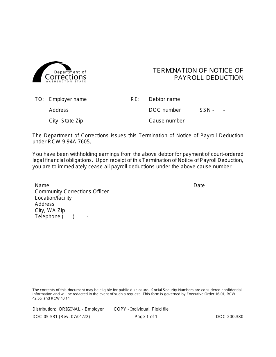Form DOC05-531 Termination of Notice of Payroll Deduction - Washington, Page 1