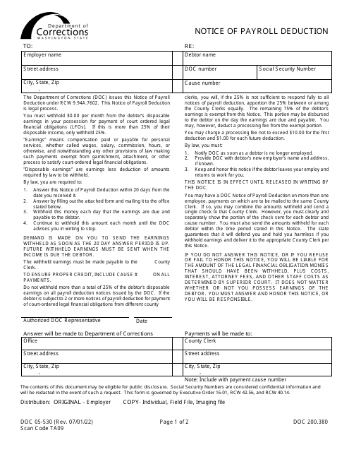 Form DOC05-530 Notice of Payroll Deduction - Washington