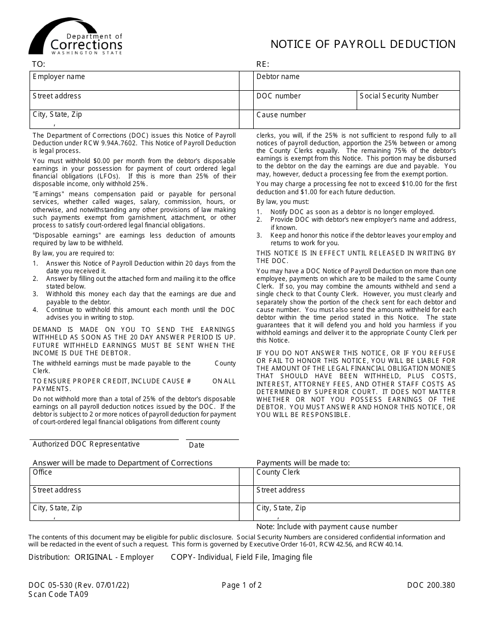 Form DOC05-530 Notice of Payroll Deduction - Washington, Page 1