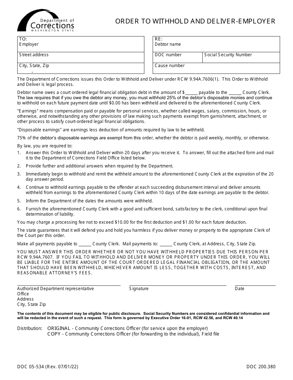 Form DOC05-534 Order to Withhold and Deliver - Employer - Washington, Page 1