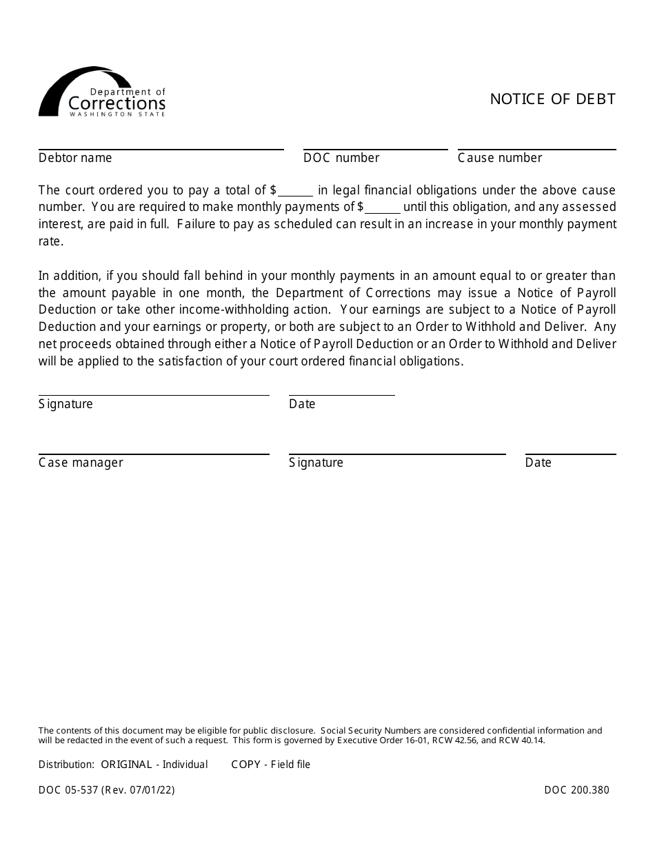 Form DOC05-537 Notice of Debt - Washington, Page 1