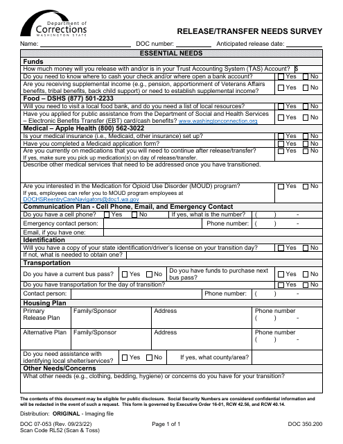 Form DOC07-053 Release/Transfer Needs Survey - Washington