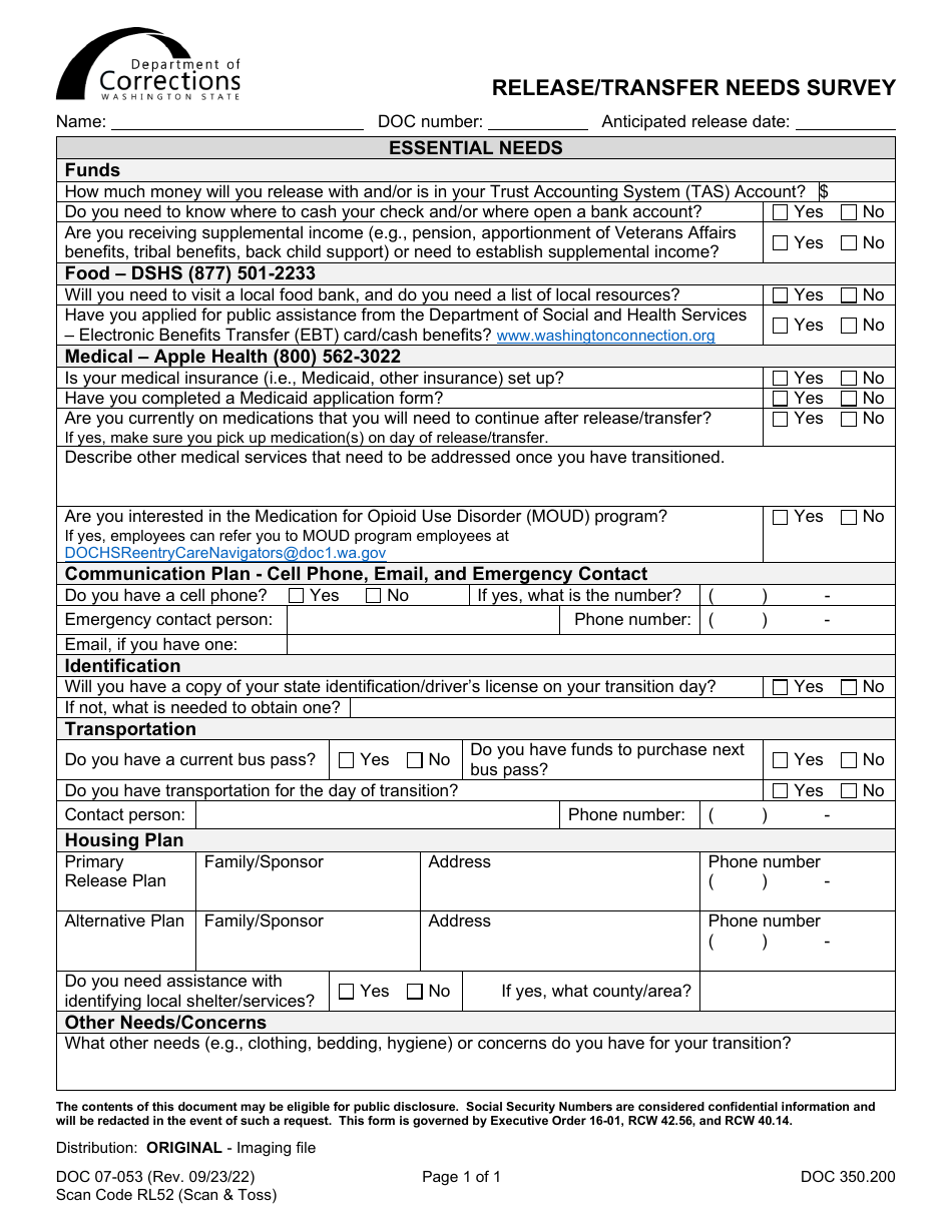 Form DOC07-053 Release / Transfer Needs Survey - Washington, Page 1