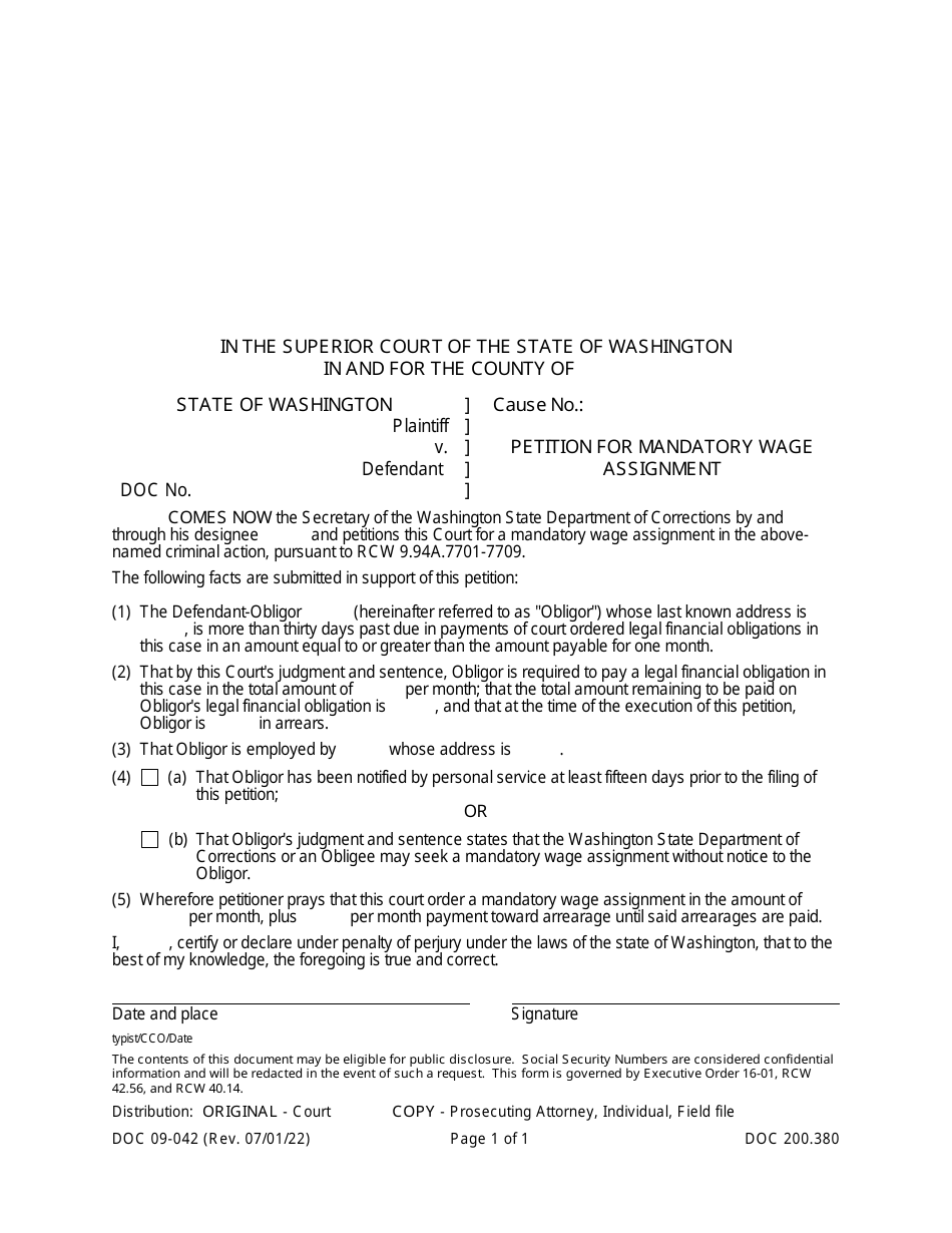 Form DOC09-042 Petition for Mandatory Wage Assignment - Washington, Page 1