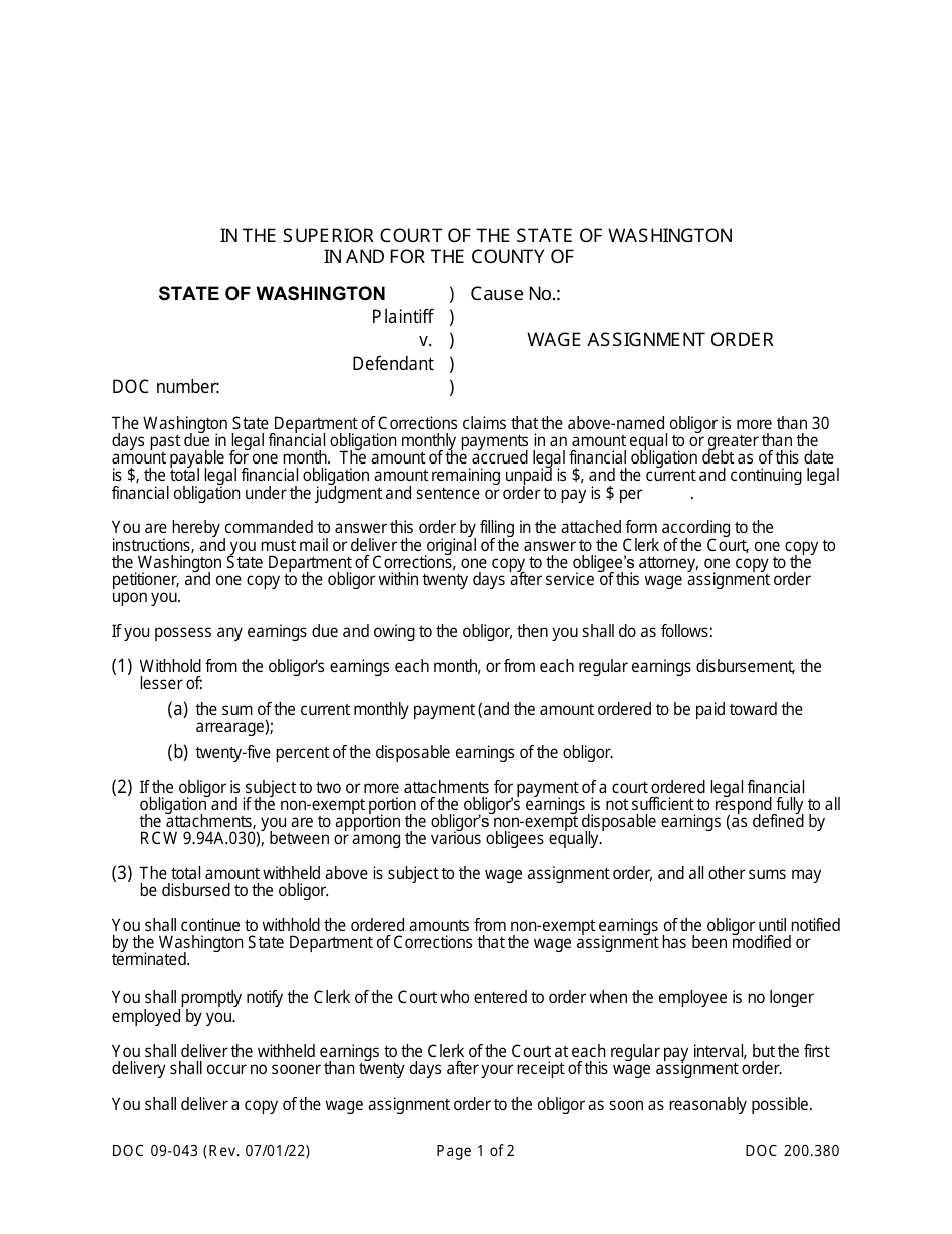 Form DOC09-043 Wage Assignment Order - Washington, Page 1