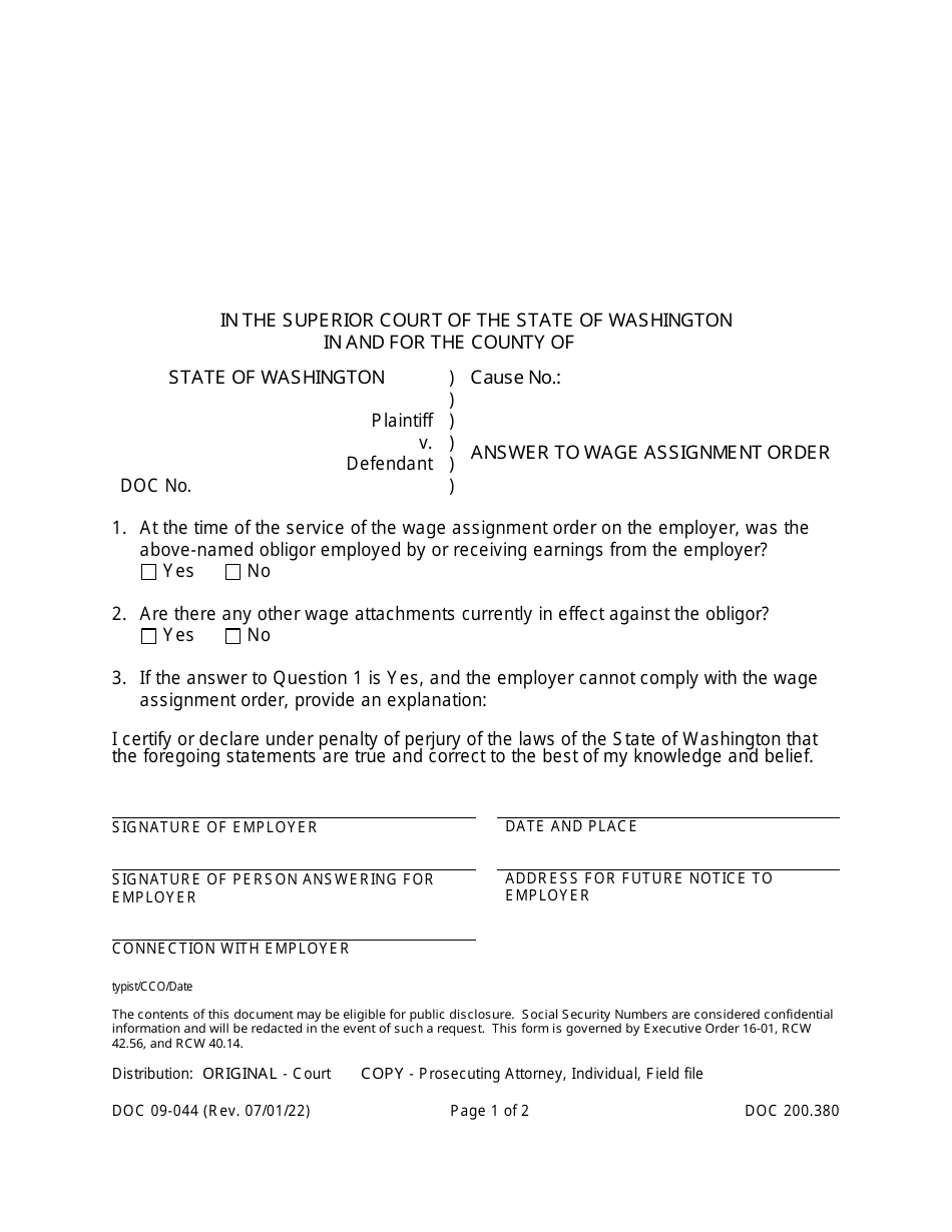 Form DOC09-044 Answer to Wage Assignment Order - Washington, Page 1
