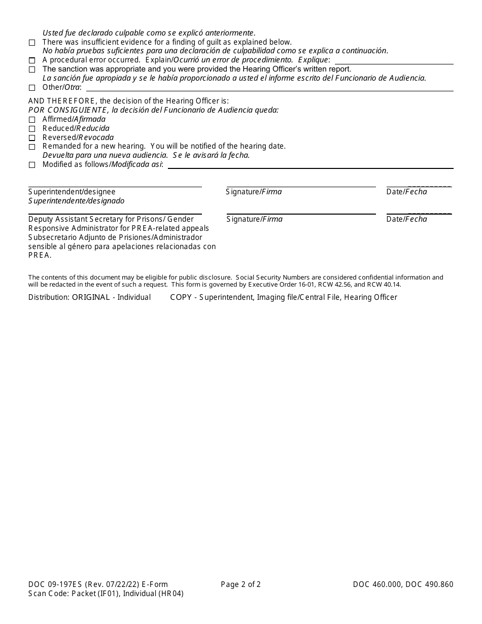 Form DOC09-197ES Disciplinary Hearing Appeal Decision - Washington (English / Spanish), Page 2