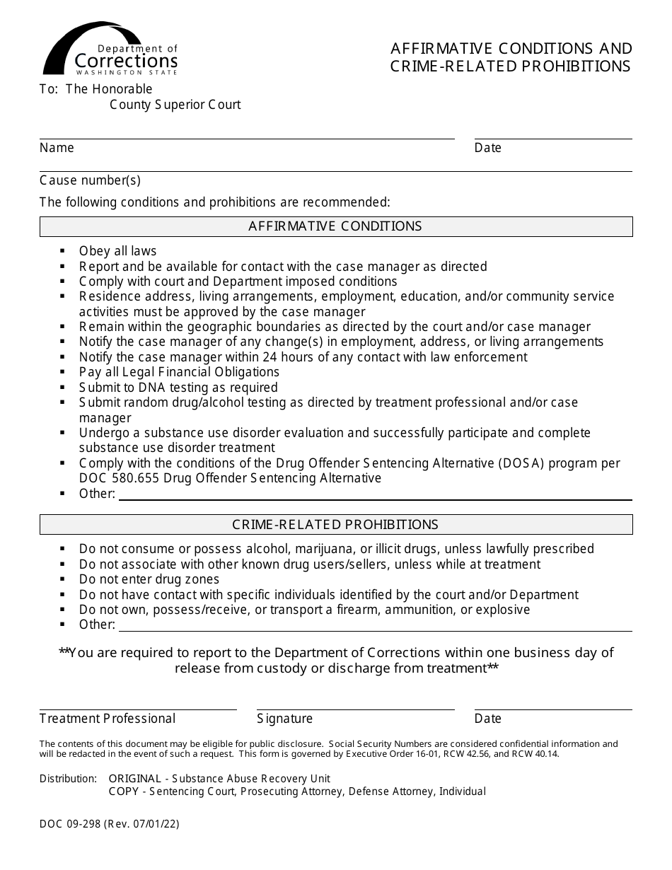 Form DOC09-298 Affirmative Conditions and Crime-Related Prohibitions - Washington, Page 1