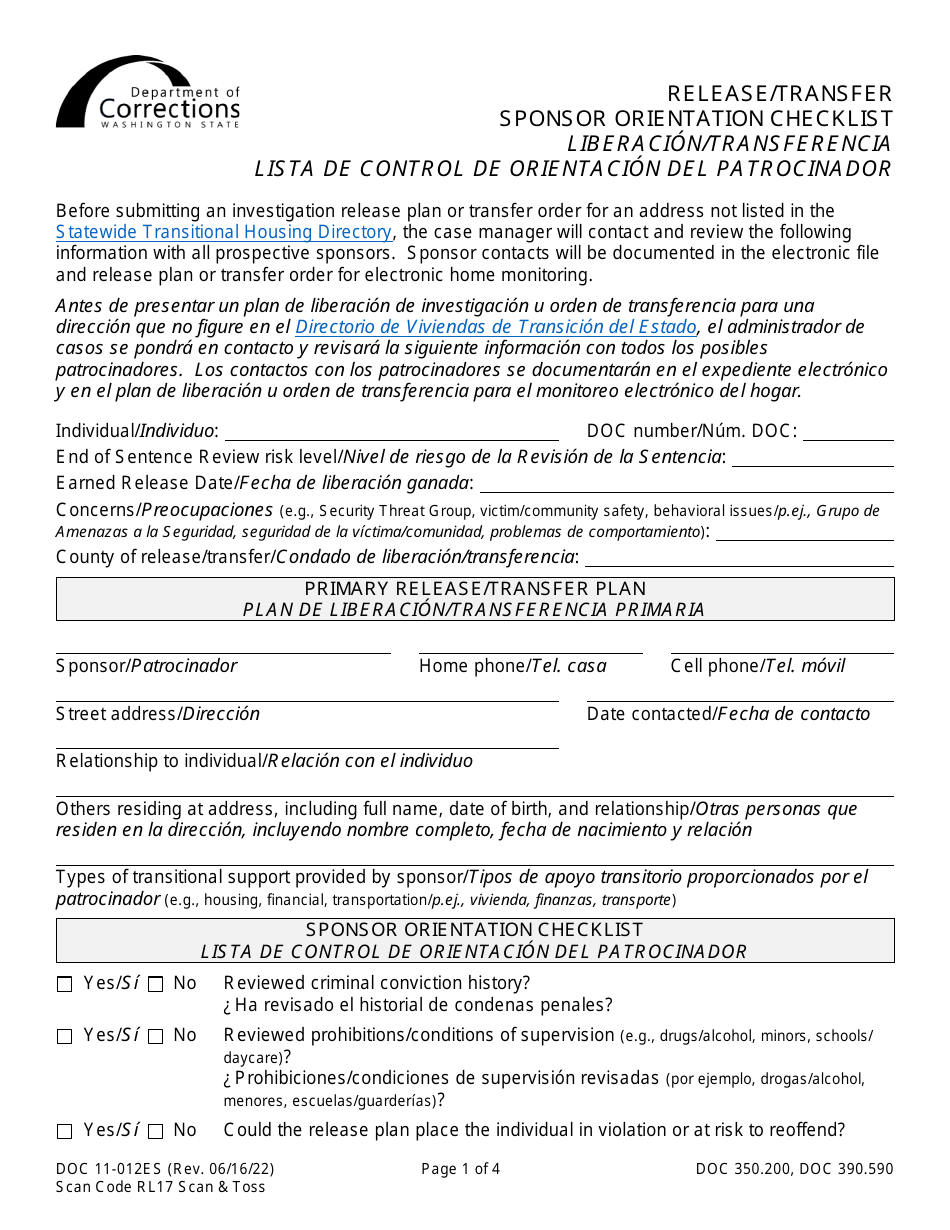 Form DOC11-012ES Release / Transfer Sponsor Orientation Checklist - Washington (English / Spanish), Page 1