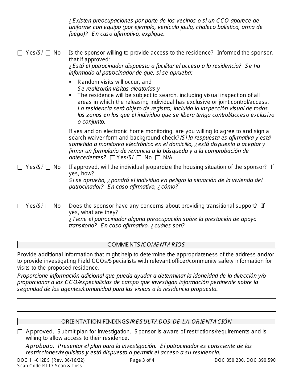 Form DOC11-012ES Release / Transfer Sponsor Orientation Checklist - Washington (English / Spanish), Page 3