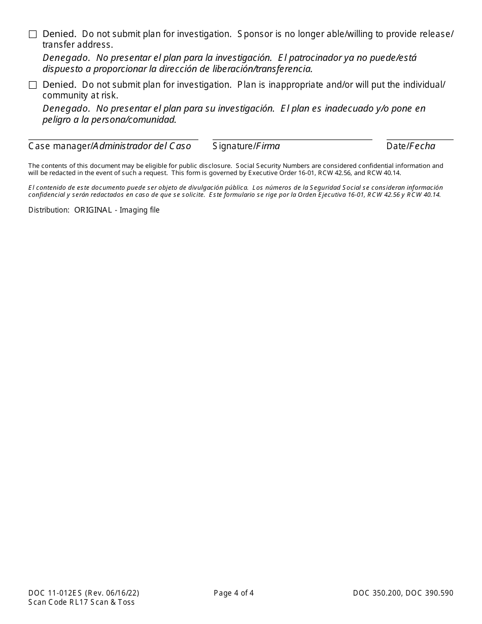 Form DOC11-012ES Release / Transfer Sponsor Orientation Checklist - Washington (English / Spanish), Page 4