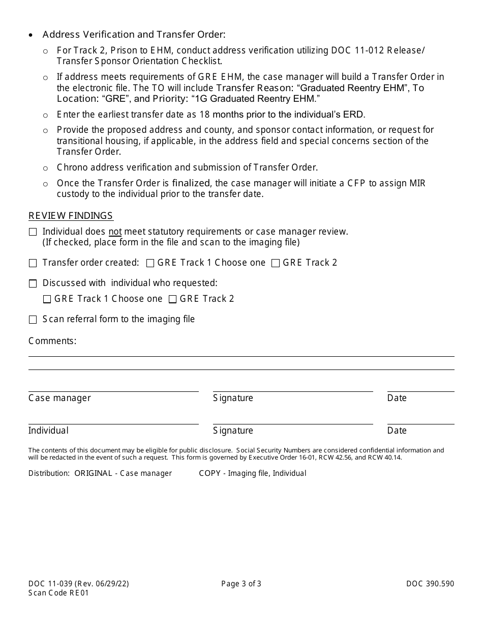 Form DOC11-039 Graduated Reentry Criteria - Washington, Page 3