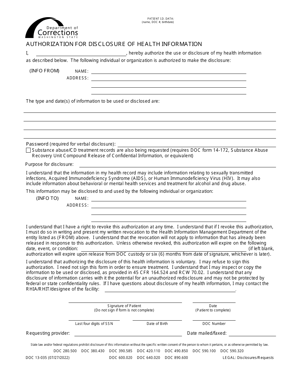 Form DOC13-035 Authorization for Disclosure of Health Information - Washington, Page 1