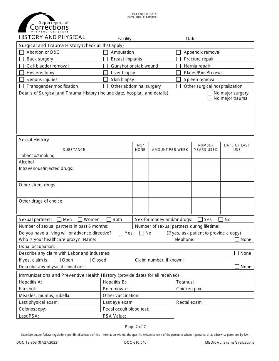 Form DOC13-303 History and Physical - Washington, Page 2