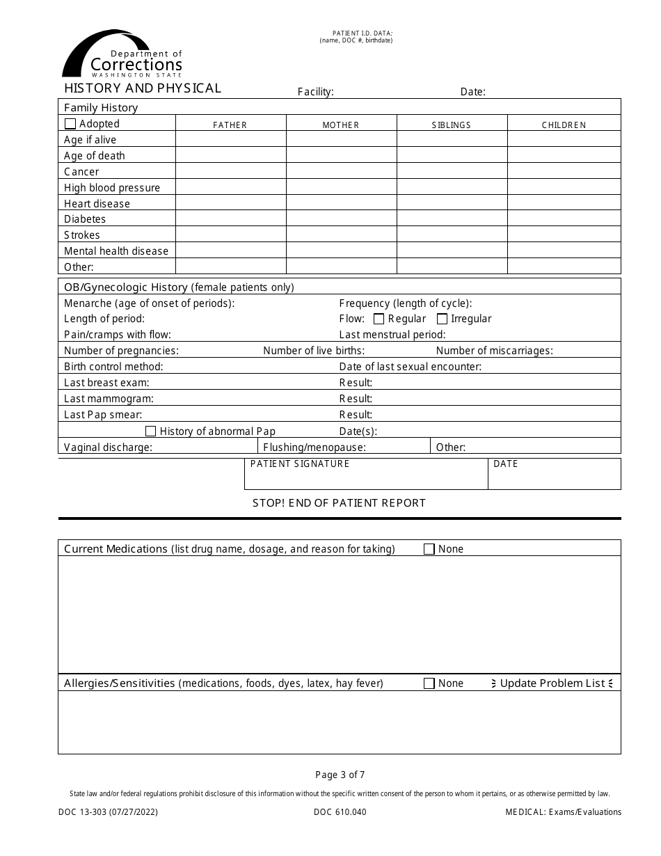 Form DOC13-303 History and Physical - Washington, Page 3