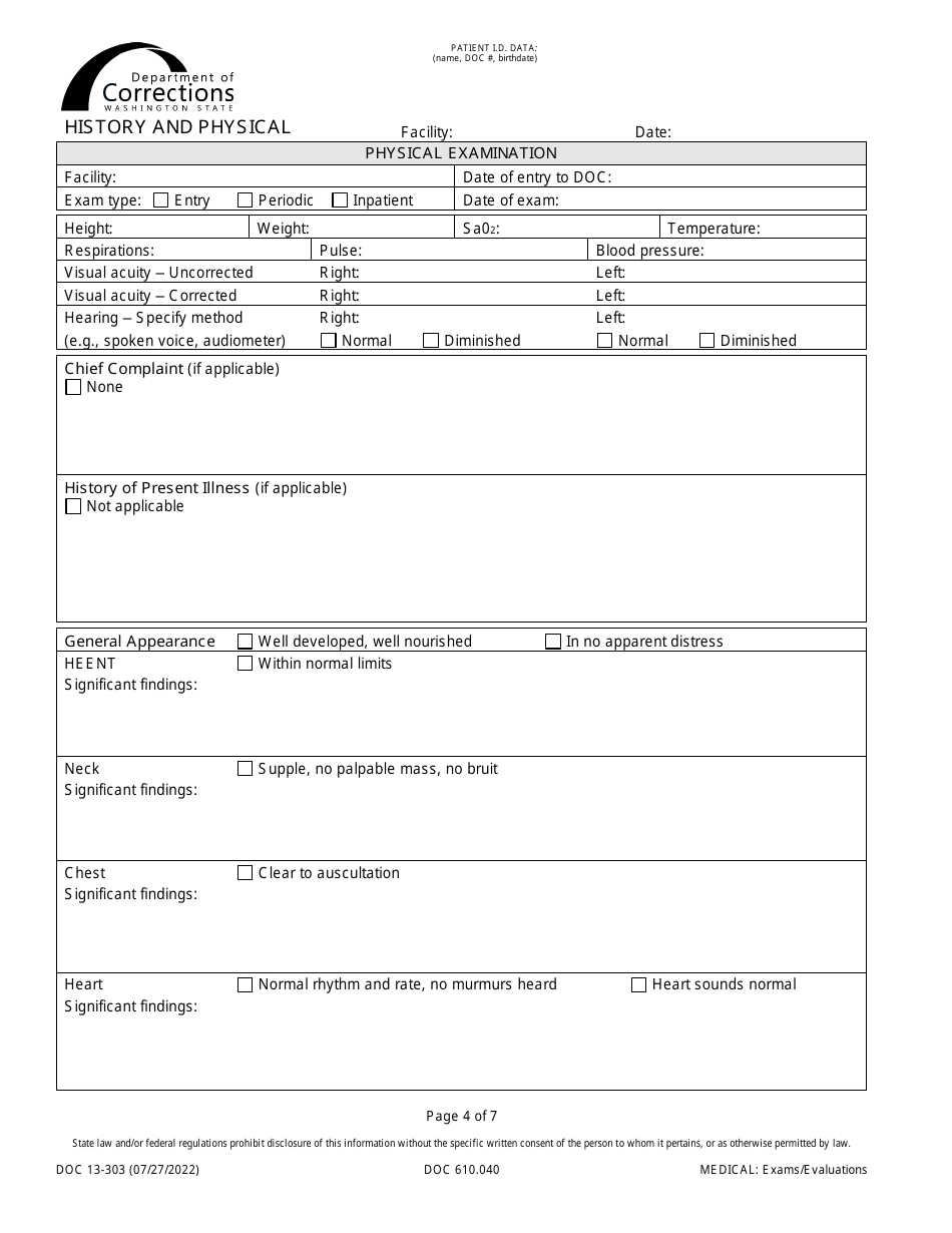 Form DOC13-303 History and Physical - Washington, Page 4
