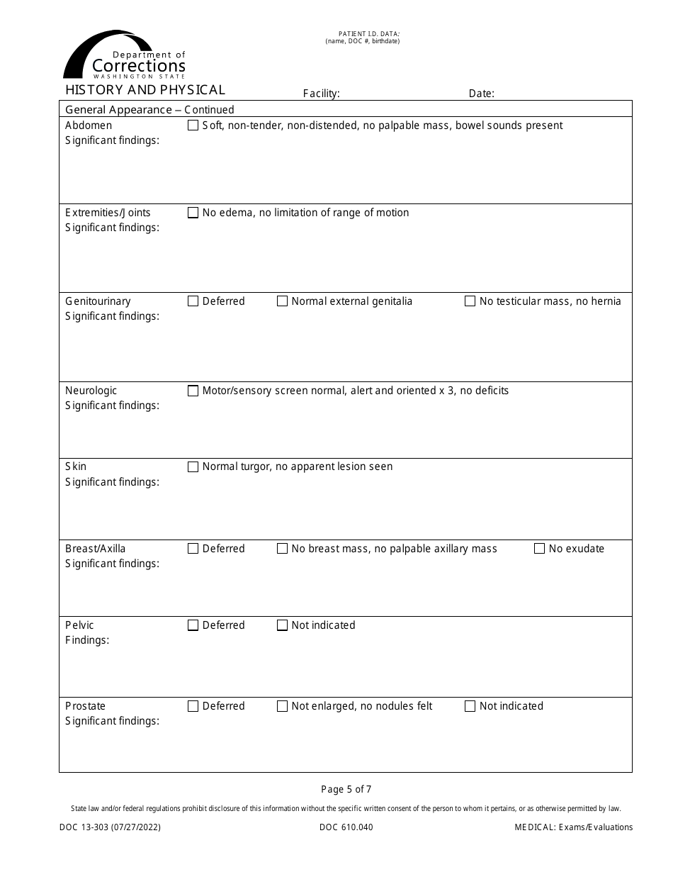 Form DOC13-303 History and Physical - Washington, Page 5