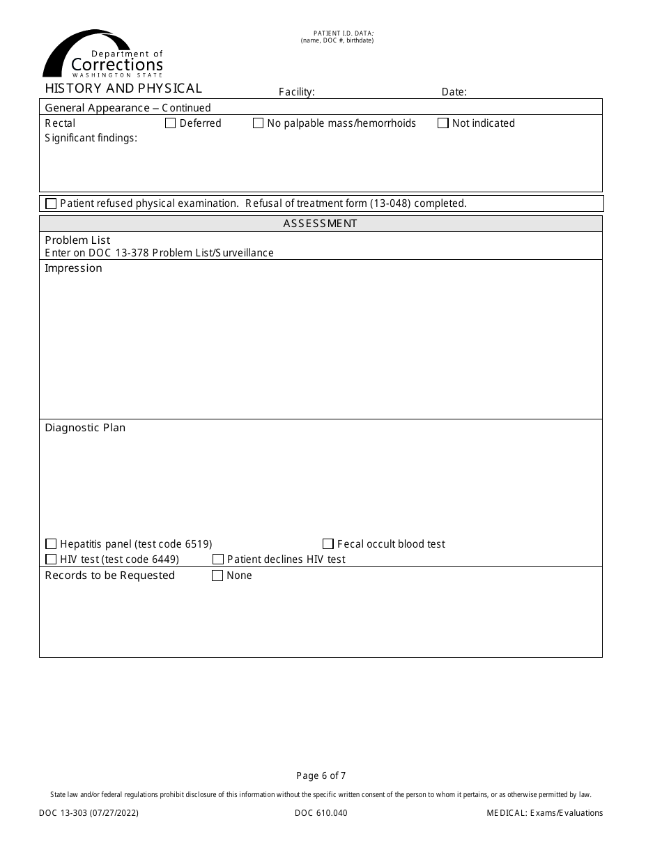 Form DOC13-303 History and Physical - Washington, Page 6