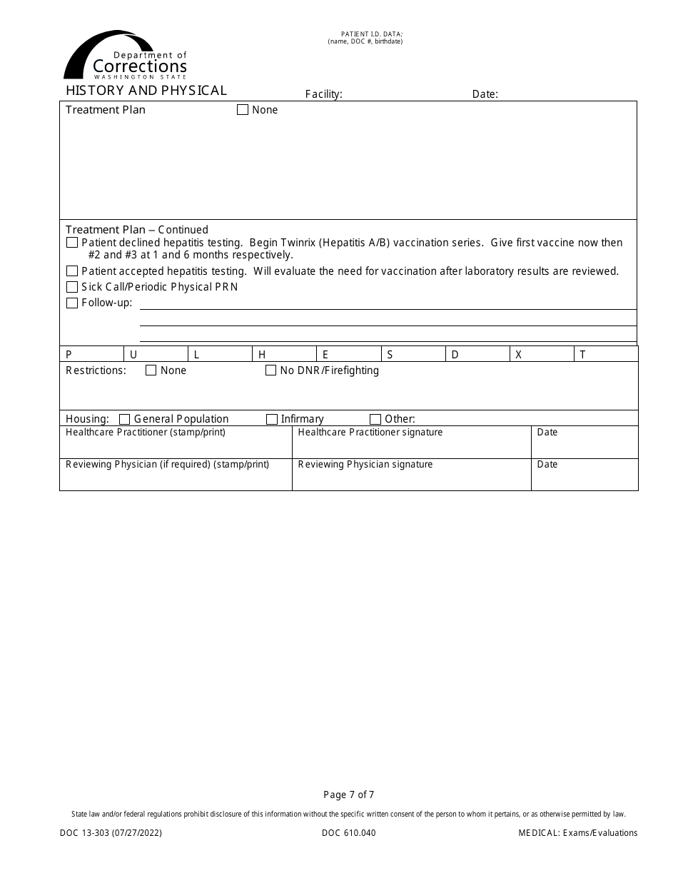 Form DOC13-303 History and Physical - Washington, Page 7