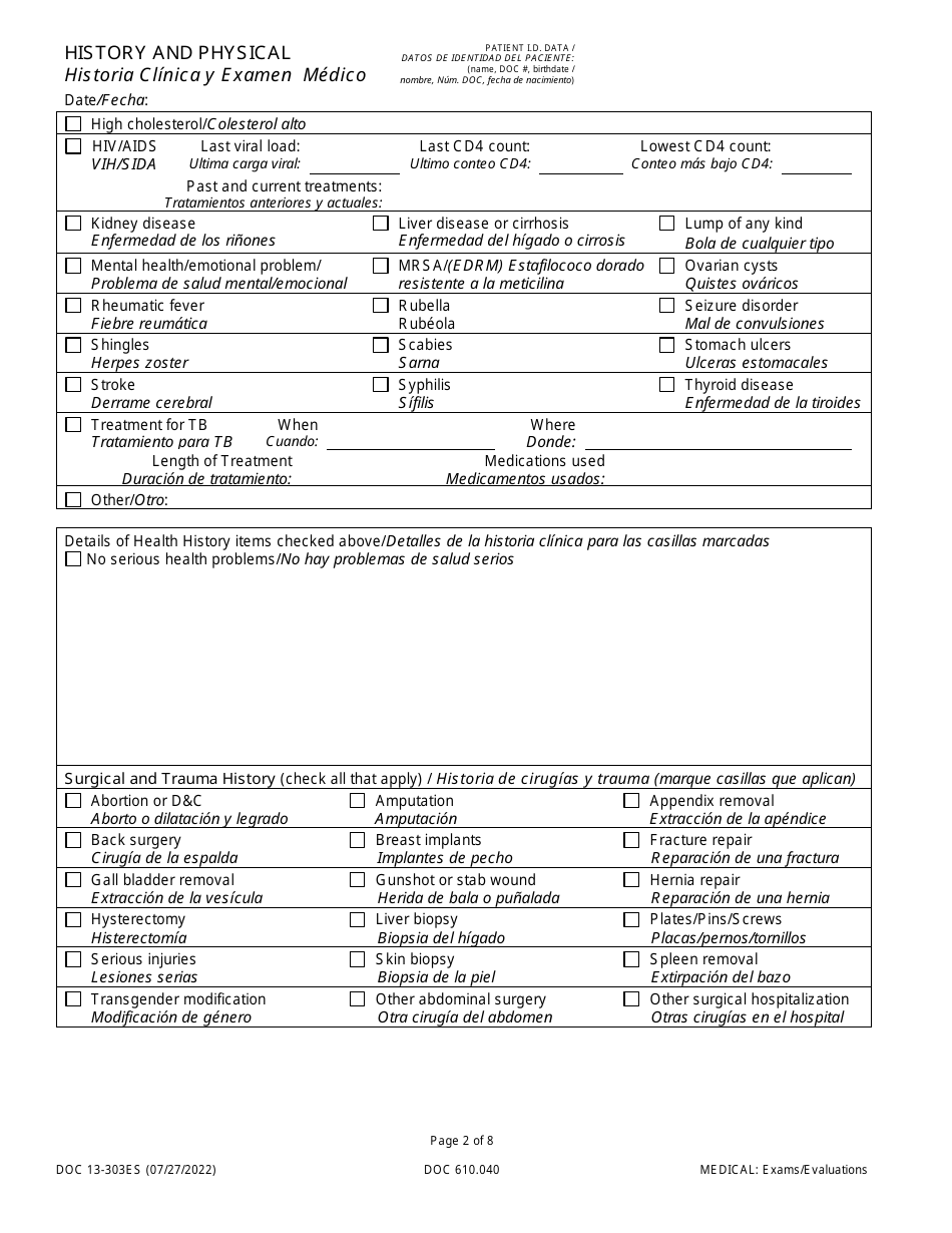 Form DOC13-303ES History and Physical - Washington (English / Spanish), Page 2
