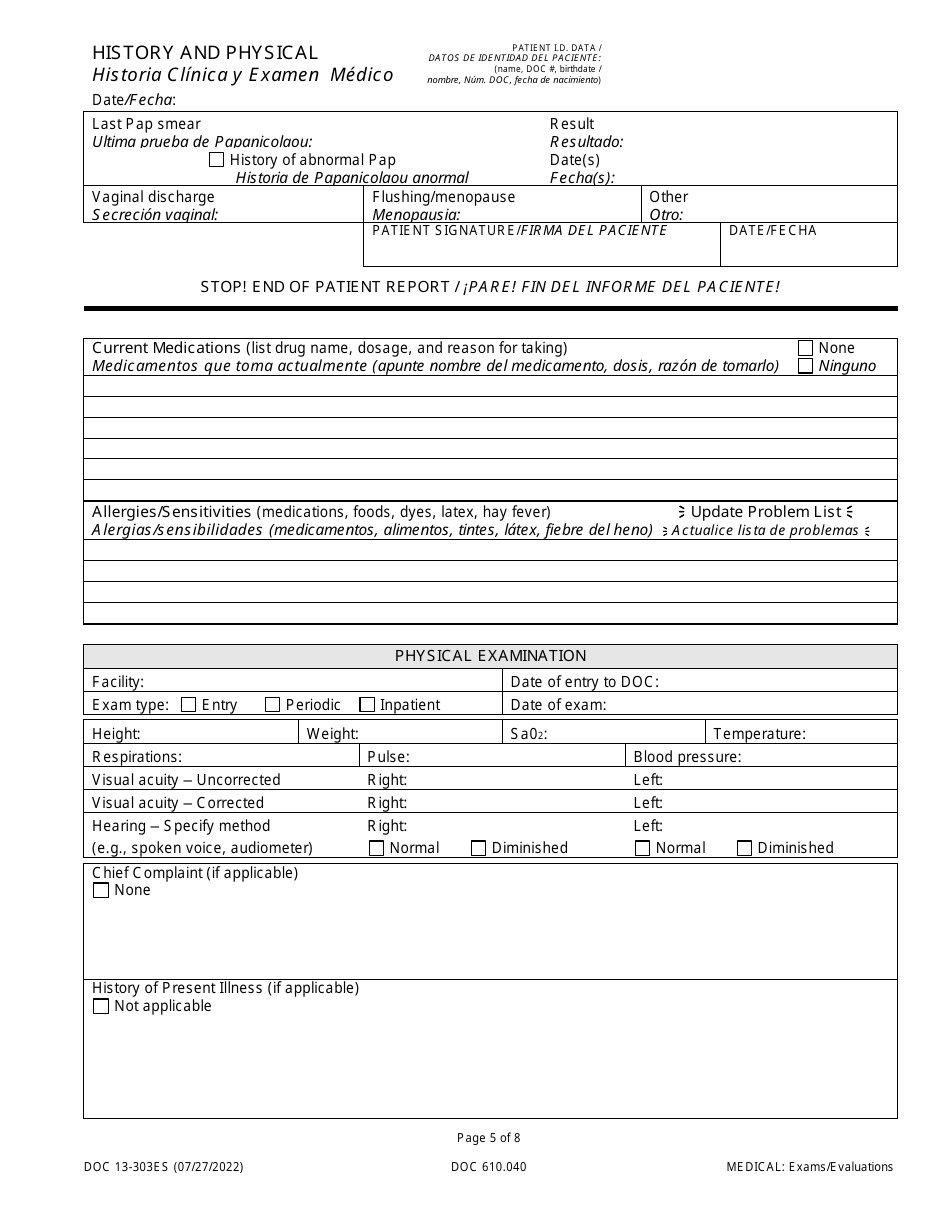 Form DOC13-303ES History and Physical - Washington (English / Spanish), Page 5