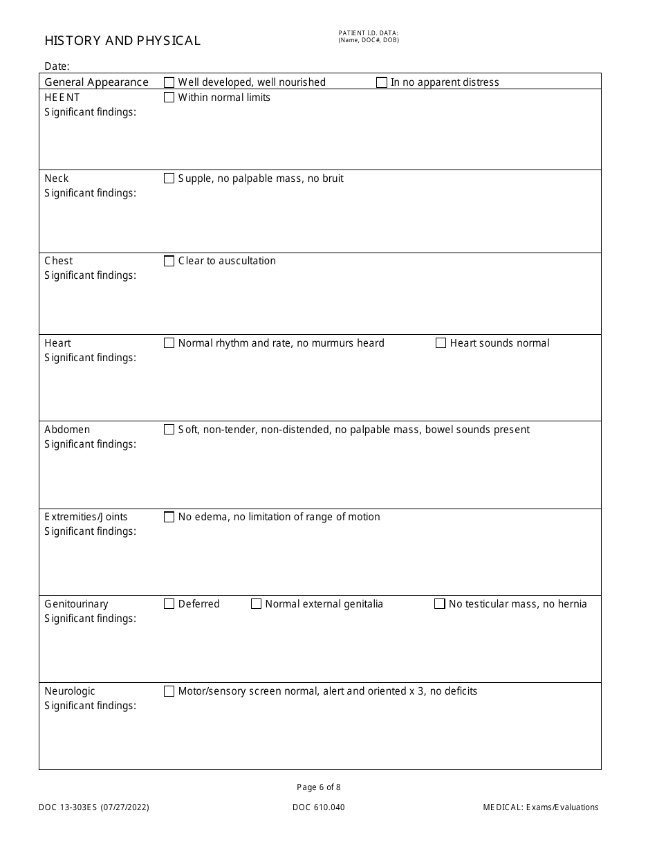 Form DOC13-303ES History and Physical - Washington (English / Spanish), Page 6