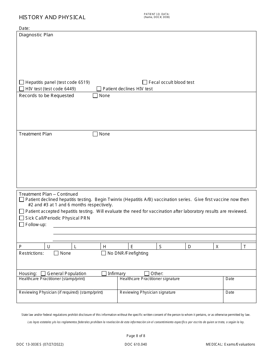 Form DOC13-303ES History and Physical - Washington (English / Spanish), Page 8