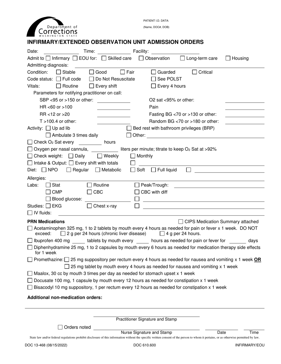Form DOC13-468 Infirmary / Extended Observation Unit Admission Orders - Washington, Page 1