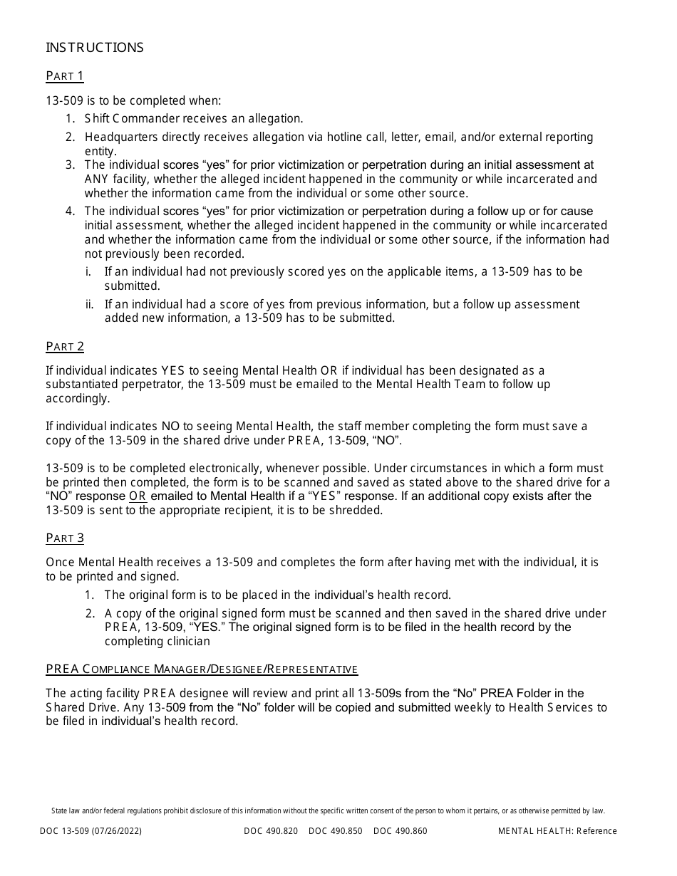 Form DOC13-509 Prea Mental Health Notification - Washington, Page 2