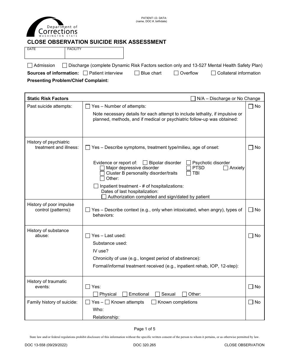 Form DOC13-558 Close Observation Suicide Risk Assessment - Washington, Page 1