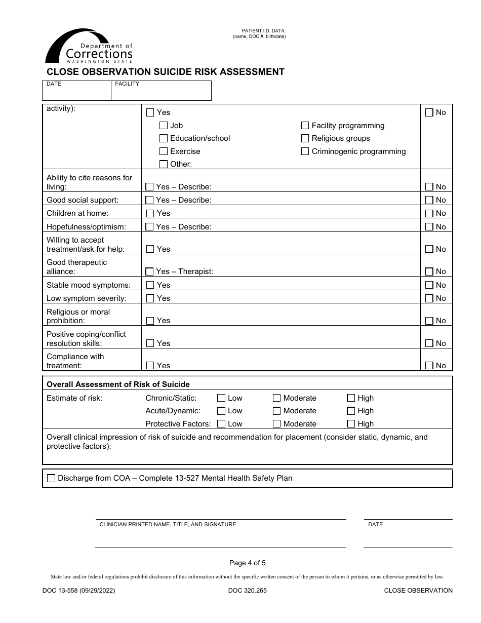 Form DOC13-558 Close Observation Suicide Risk Assessment - Washington, Page 4