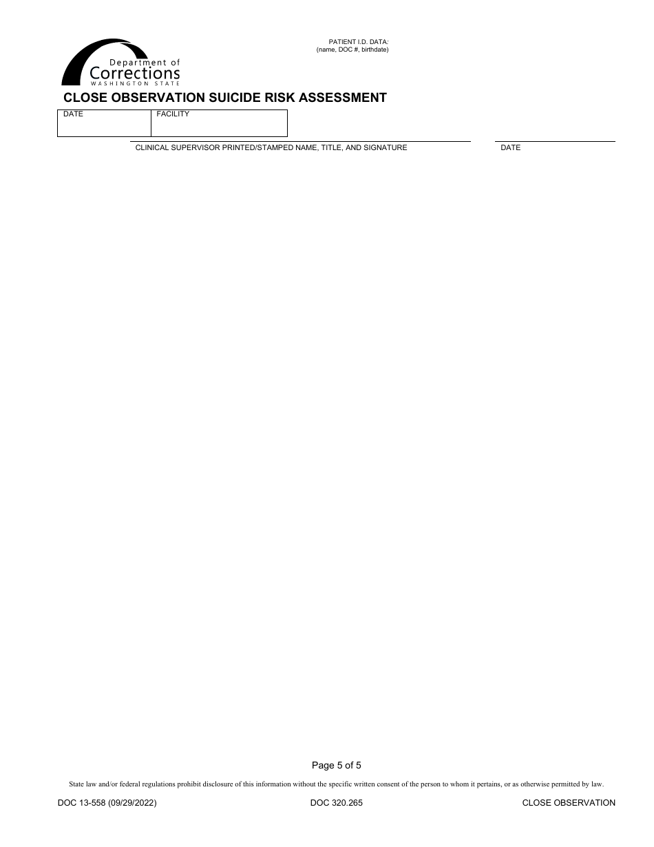 Form DOC13-558 Close Observation Suicide Risk Assessment - Washington, Page 5