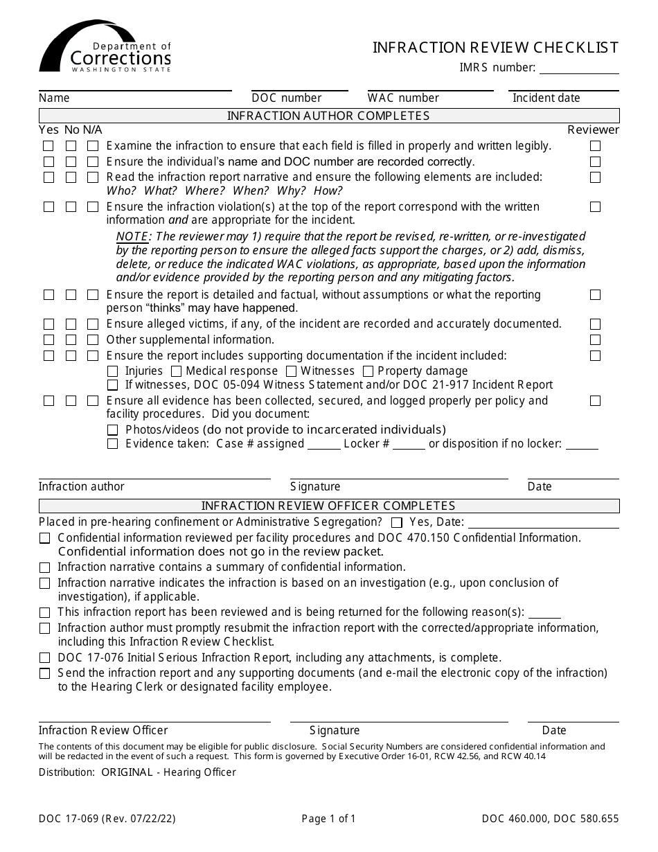 Form DOC17-069 Infraction Review Checklist - Washington, Page 1