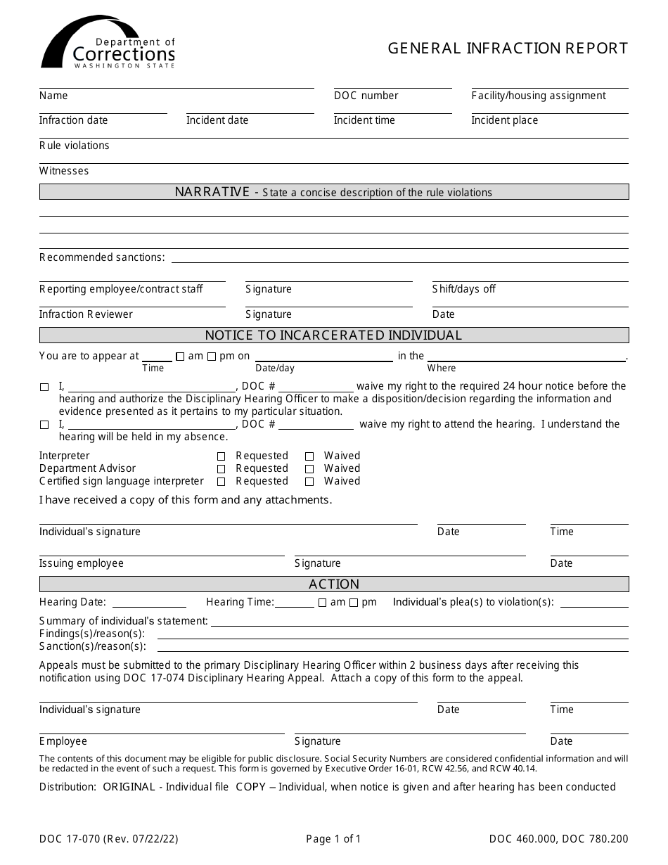 Form DOC17-070 General Infraction Report - Washington, Page 1