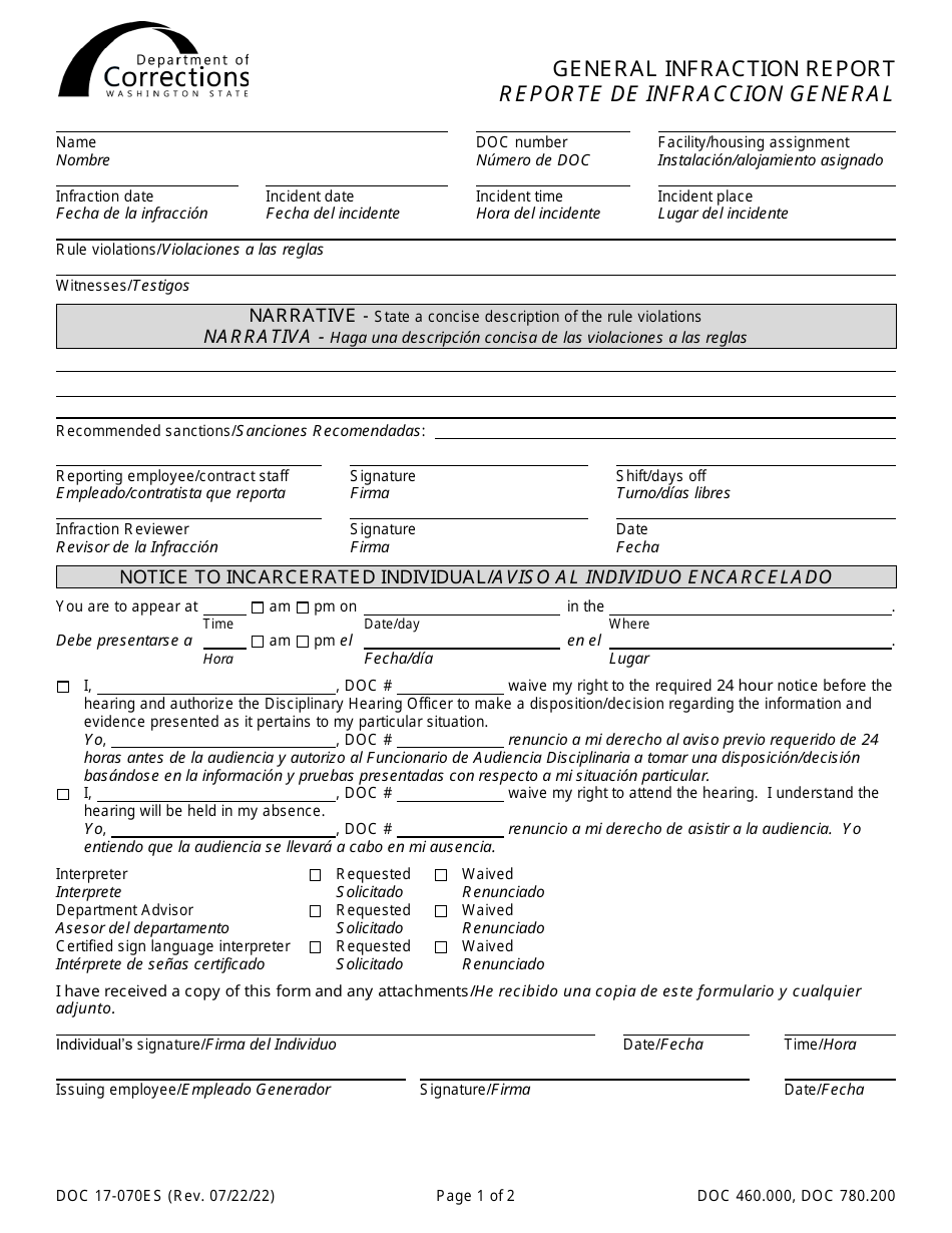 Form DOC17-070ES General Infraction Report - Washington (English / Spanish), Page 1
