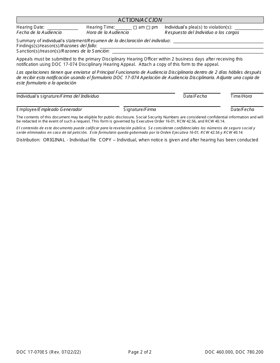 Form DOC17-070ES General Infraction Report - Washington (English / Spanish), Page 2