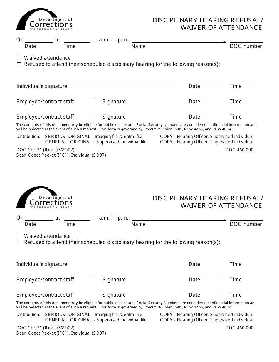 Form DOC17-071 Disciplinary Hearing Refusal / Waiver of Attendance - Washington, Page 1