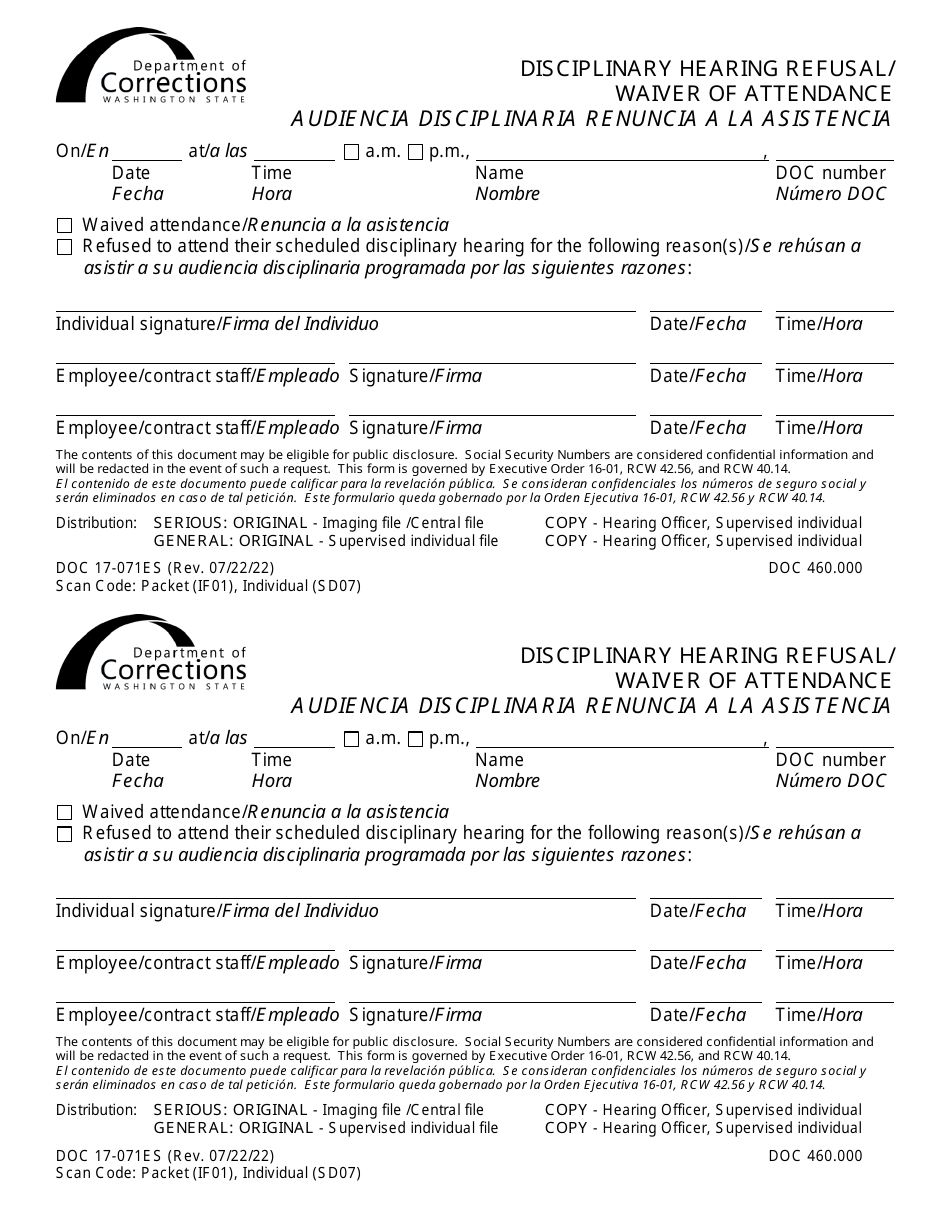 Form DOC17-071ES Disciplinary Hearing Refusal / Waiver of Attendance - Washington (English / Spanish), Page 1