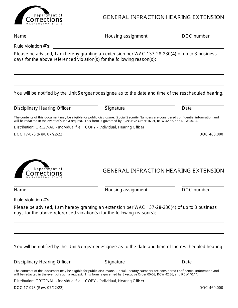 Form DOC17-073 General Infraction Hearing Extension - Washington, Page 1