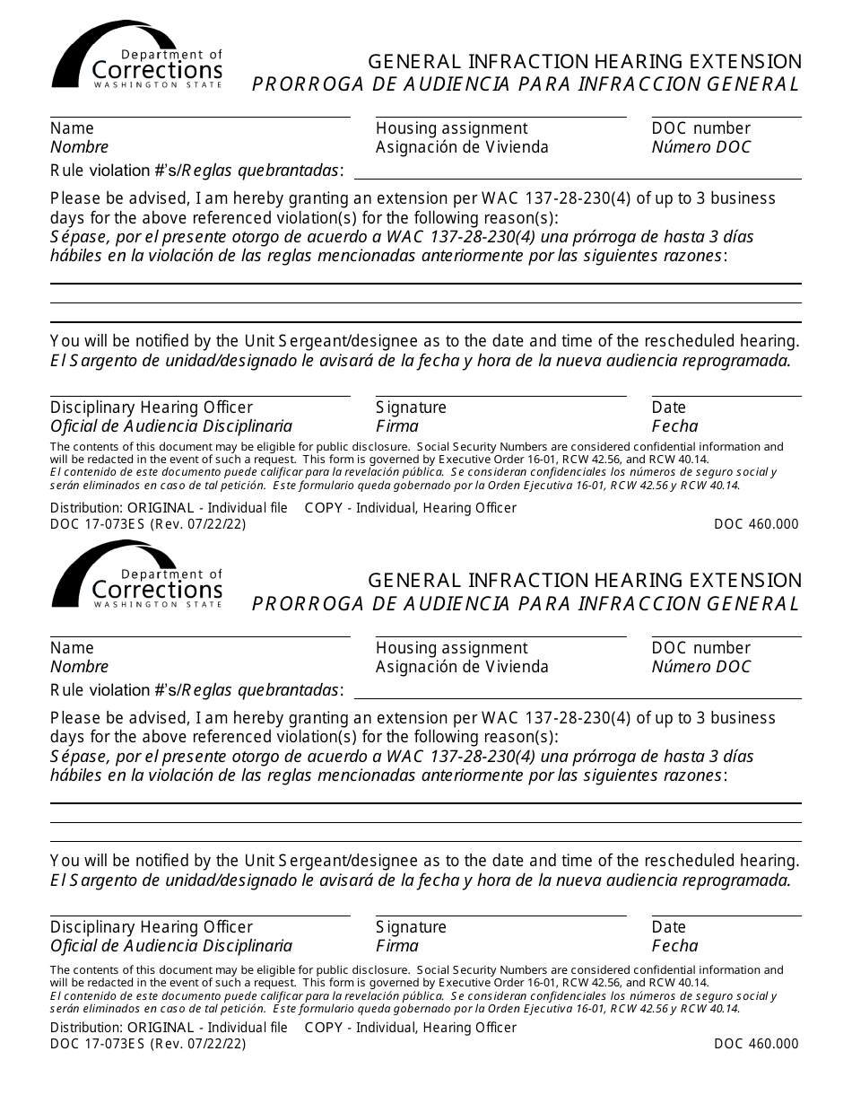 Form DOC17-073ES General Infraction Hearing Extension - Washington (English / Spanish), Page 1