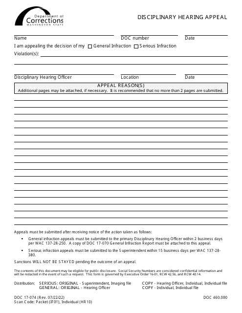 Form DOC17-074 Disciplinary Hearing Appeal - Washington