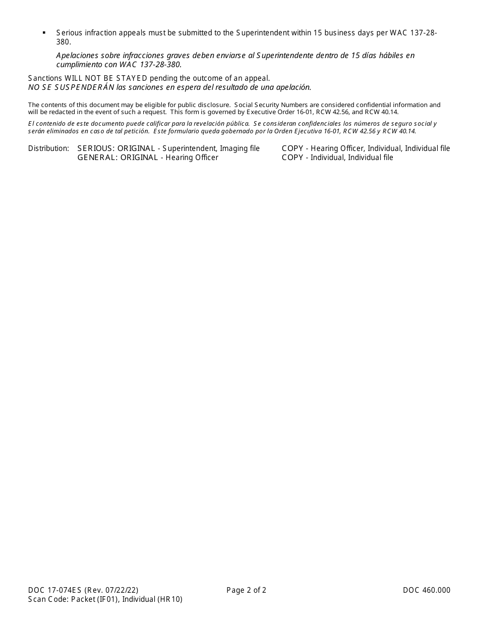 Form DOC17-074ES Disciplinary Hearing Appeal - Washington (English / Spanish), Page 2