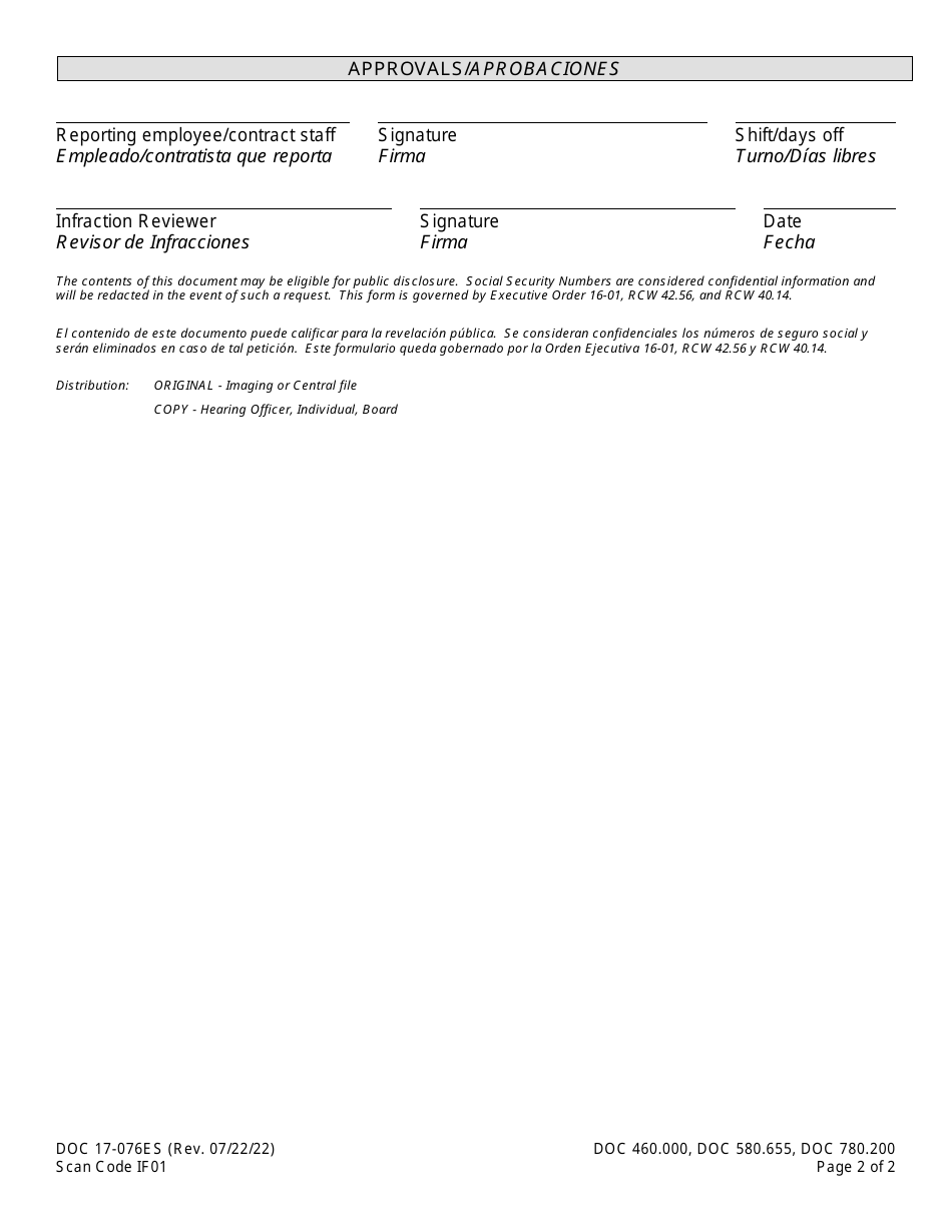 Form DOC17-076ES Initial Serious Infraction Report - Washington (English / Spanish), Page 2