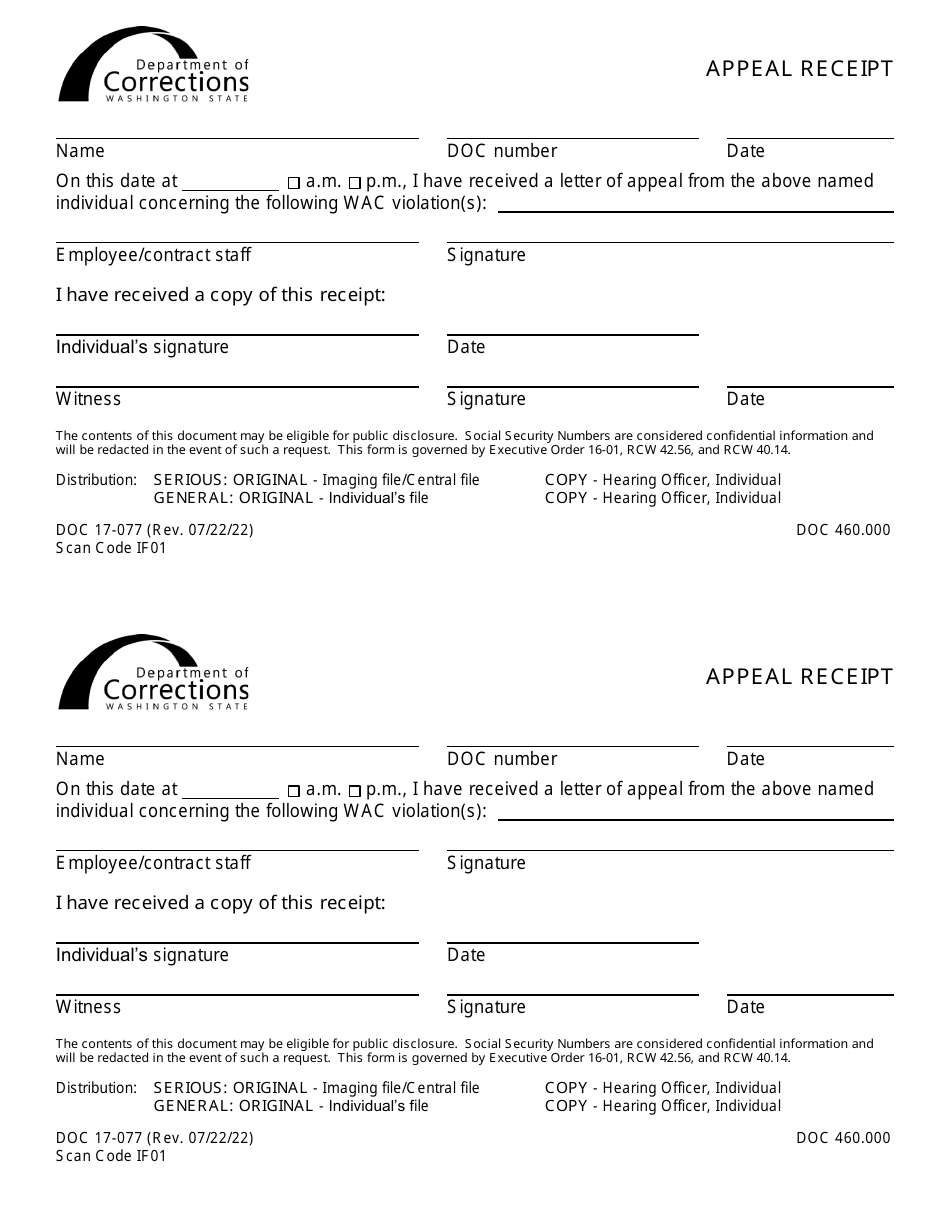 Form DOC17-077 Appeal Receipt - Washington, Page 1