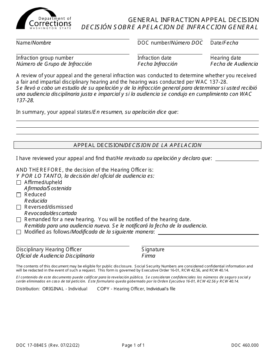 Form DOC17-084ES General Infraction Appeal Decision - Washington (English / Spanish), Page 1